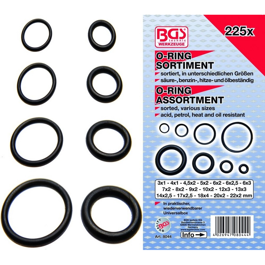 225-piece o-ring assortment 3-22 mm ø - code BGS8044