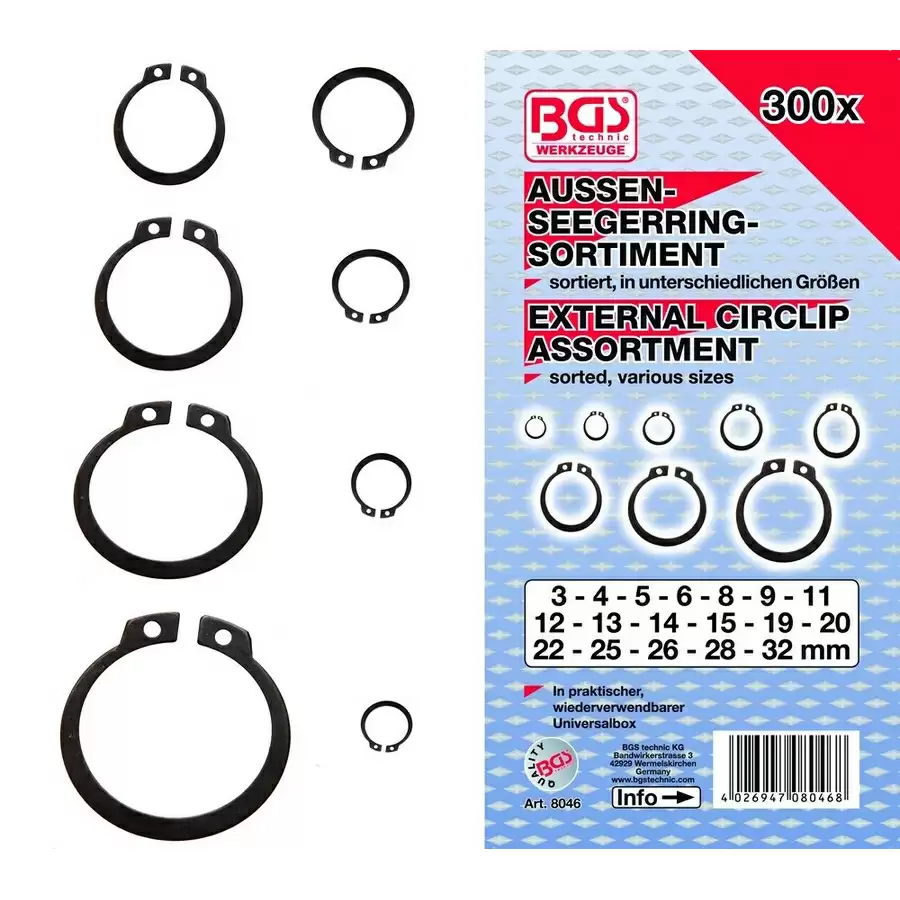 Variedade de circlip externo de 300 peças 3-32 mm-código BGS8046 - image