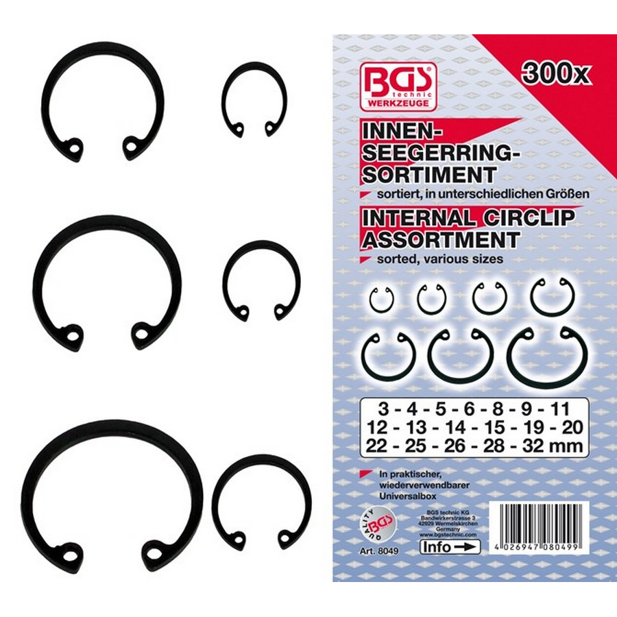 300-piece internal circlip assortment 3-32 mm - code BGS8049