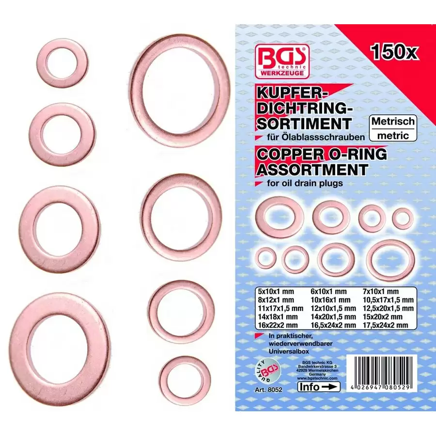 150-teiliges Kupfer-O-Ring-Sortiment – Code BGS8052 - image