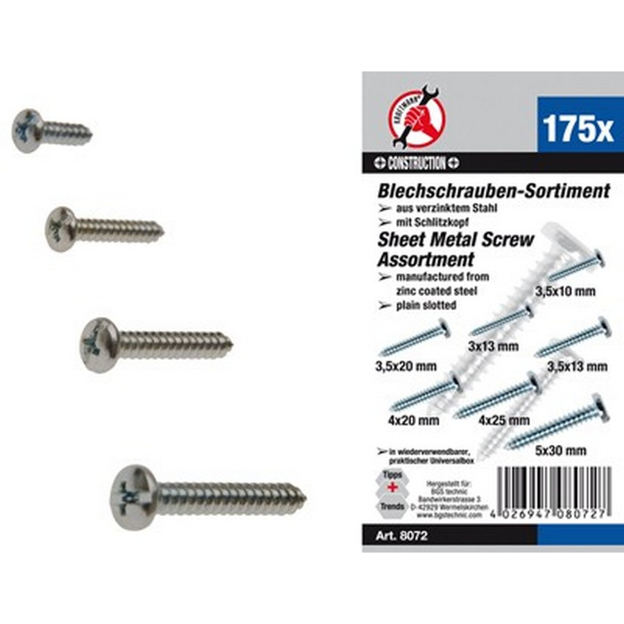 175-piece sheet metal screw assortment - code BGS8072