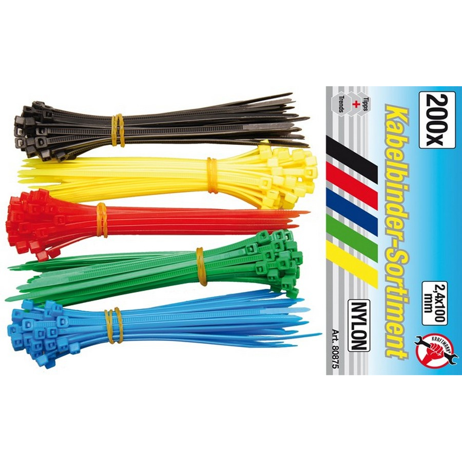 200-piece cable tie assortment 2.4 x 100 mm 5 colors - code BGS80875
