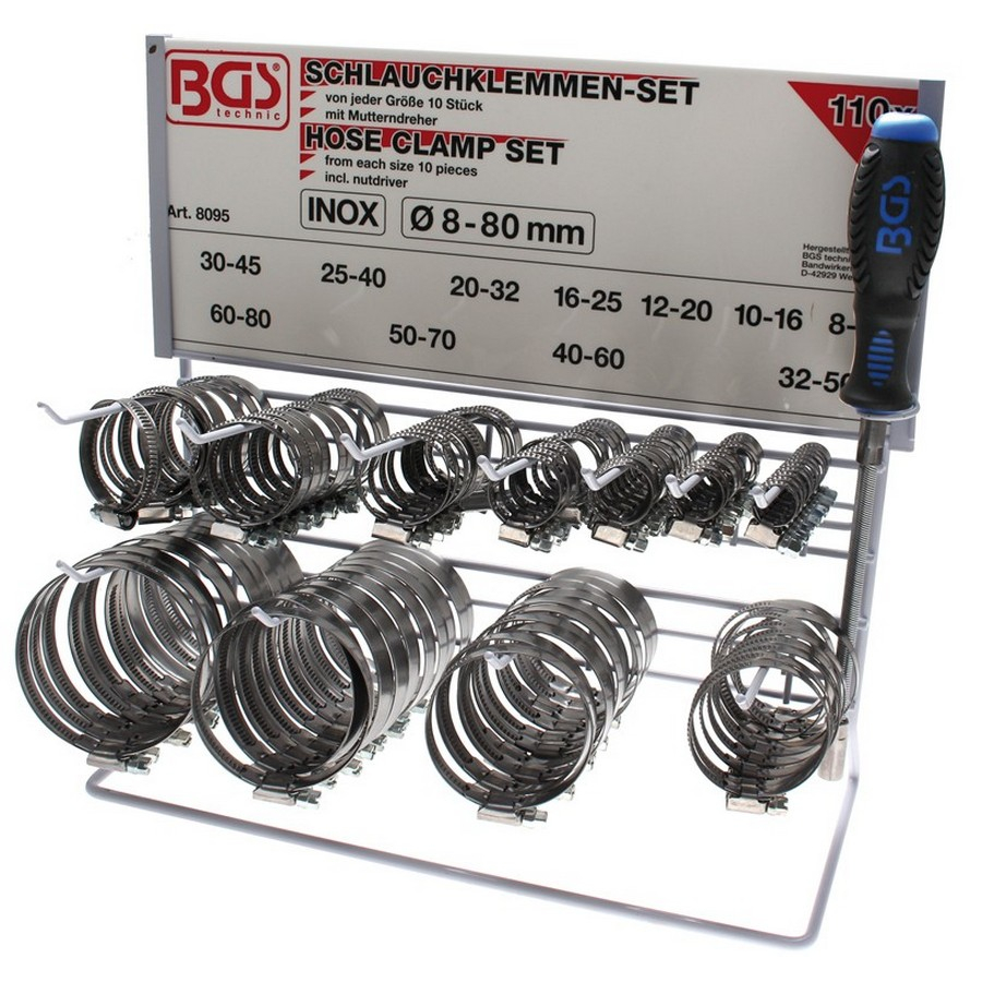 111-piece stainless steel hose clamp set on display board - code BGS8095