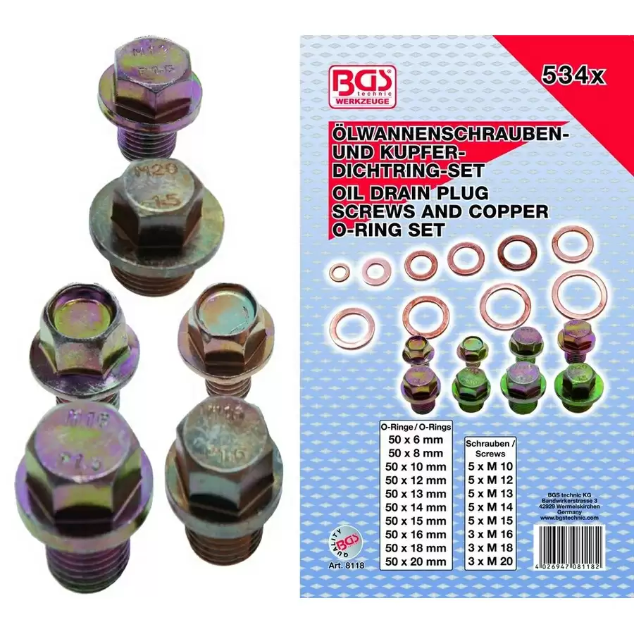 534-piece oil drain plug screws and copper o-ring assortment - code BGS8118 - image