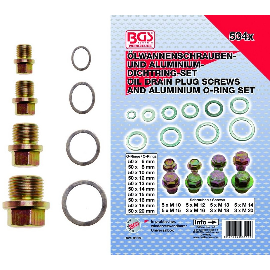 534-pcs. oil drain plug screws and aluminum o-ring assortment - code BGS8119