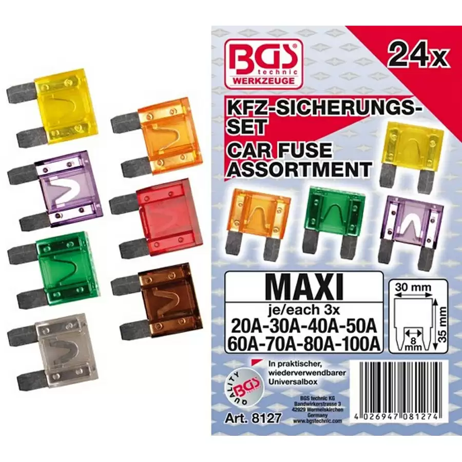 Maxi surtido de fusibles para coche de 24 piezas - código BGS8127 - image