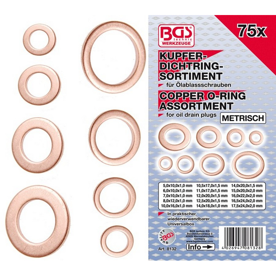 75-piece copper sealing ring assortment metric for oil drain plugs - code BGS8132