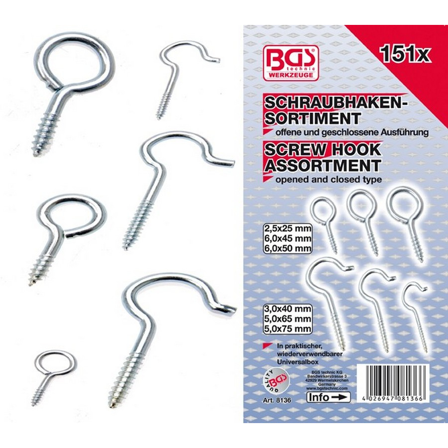 Assortiment de 151 crochets à vis - code BGS8136