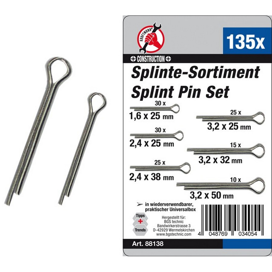 135-piece split pin assortment - code BGS88138