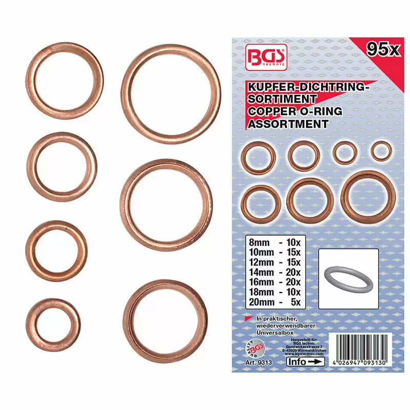 O-Ring-Sortiment Kupfer Durchmesser 6 - 20 mm 95 Stück - Code BGS9313 - image