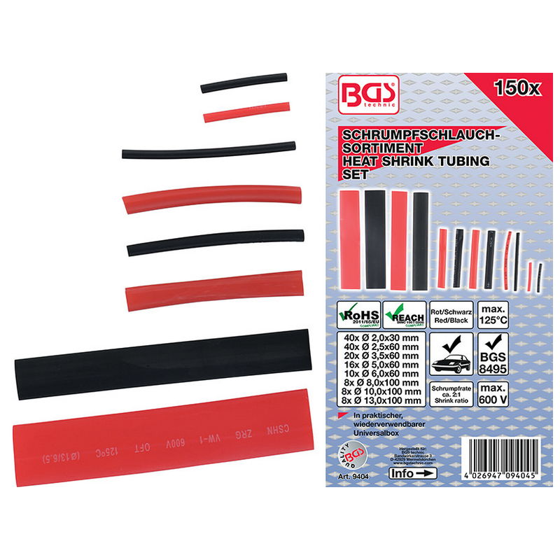 Schrumpfschlauch-Sortiment rot / schwarz 150 Stück - Code BGS9404